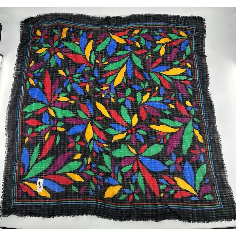YSL Vintage Scarf Shawl Womens Black Multicolor Floral Fringe Sheer Wool Logo
